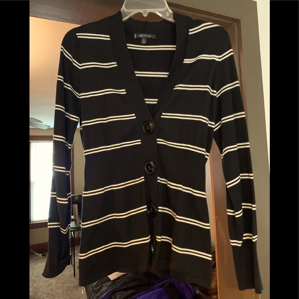 Anne Klein Petite Large Button Up Cardigan Black W/ white stripes